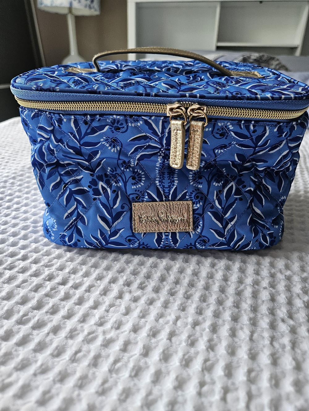 Lilly Pulitzer Blue Floral Quilted Cosmetic Train Case with Gold Hardware